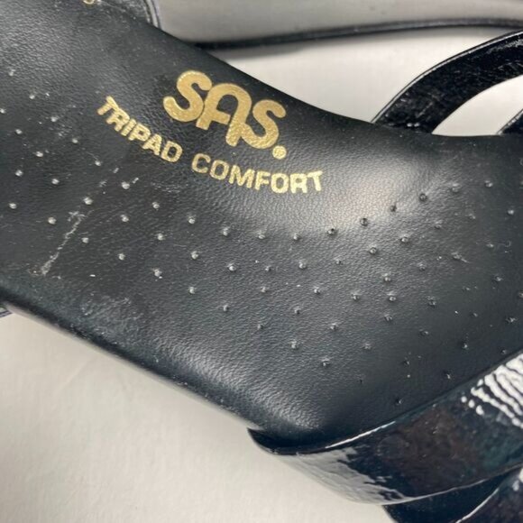 SAS Sandals Womens 6 Strippy Casual Open Toe Slingback Wedge Black Leather - Picture 7 of 13